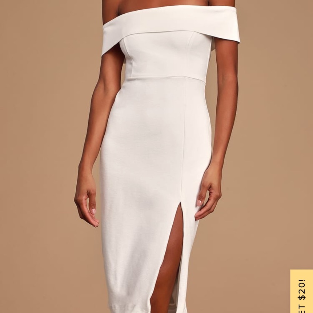 Off the shoulder white body con dress! Perfect for brides